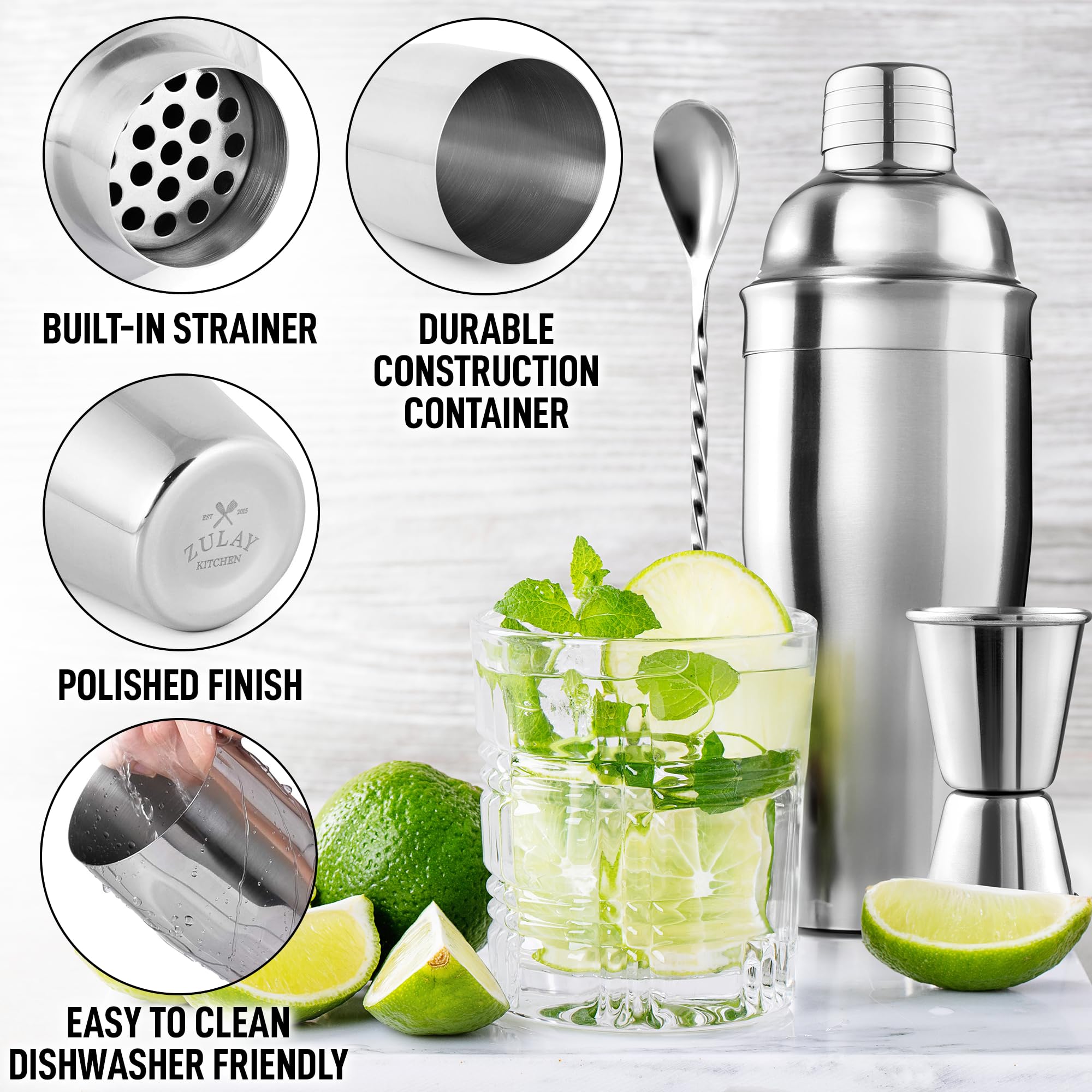 Zulay Kitchen double sided jigger 0.5oz 1.0oz for precise cocktail measurements.