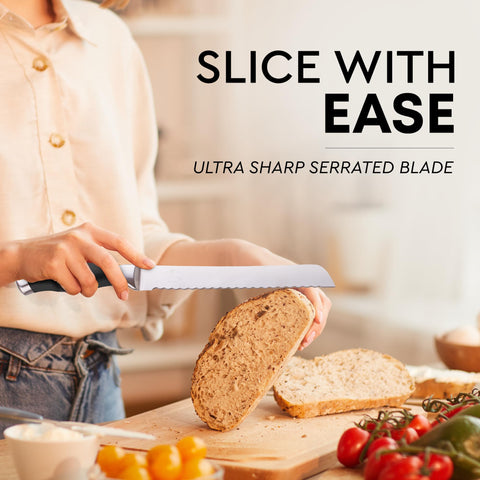 Zulay Kitchen ergonomic handle bread slicer designed for comfortable grip.