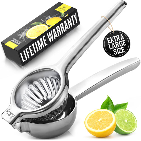 Zulay Kitchen Extra Large Lemon Squeezer front view, durable stainless steel for daily citrus use.