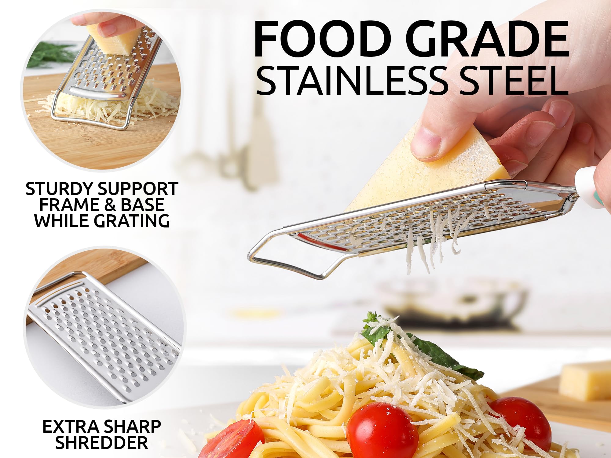 Zulay Kitchen flat handheld grater with soft rubber handle—ergonomic grip in action.