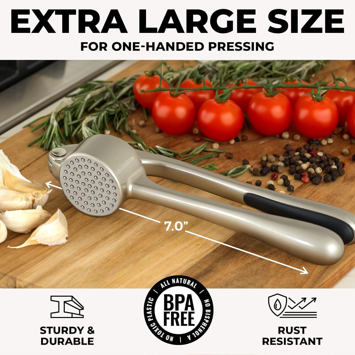Zulay Kitchen garlic press with built-in studs for more paste per squeeze.