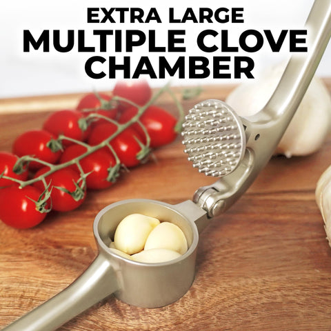 Zulay Kitchen garlic press featuring ergonomic handle for reduced wrist effort.