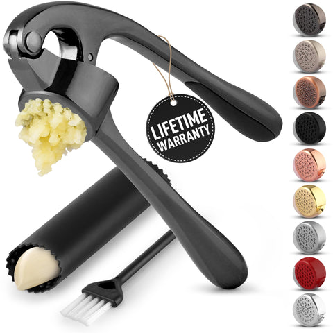 Zulay Kitchen premium garlic press set close-up with sturdy metal body for quick mincing