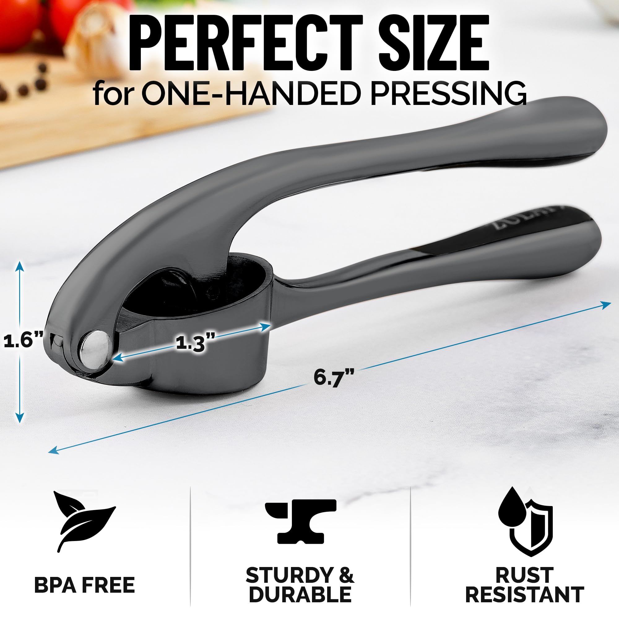 Zulay Kitchen garlic press with ergonomic handle for effortless crushing