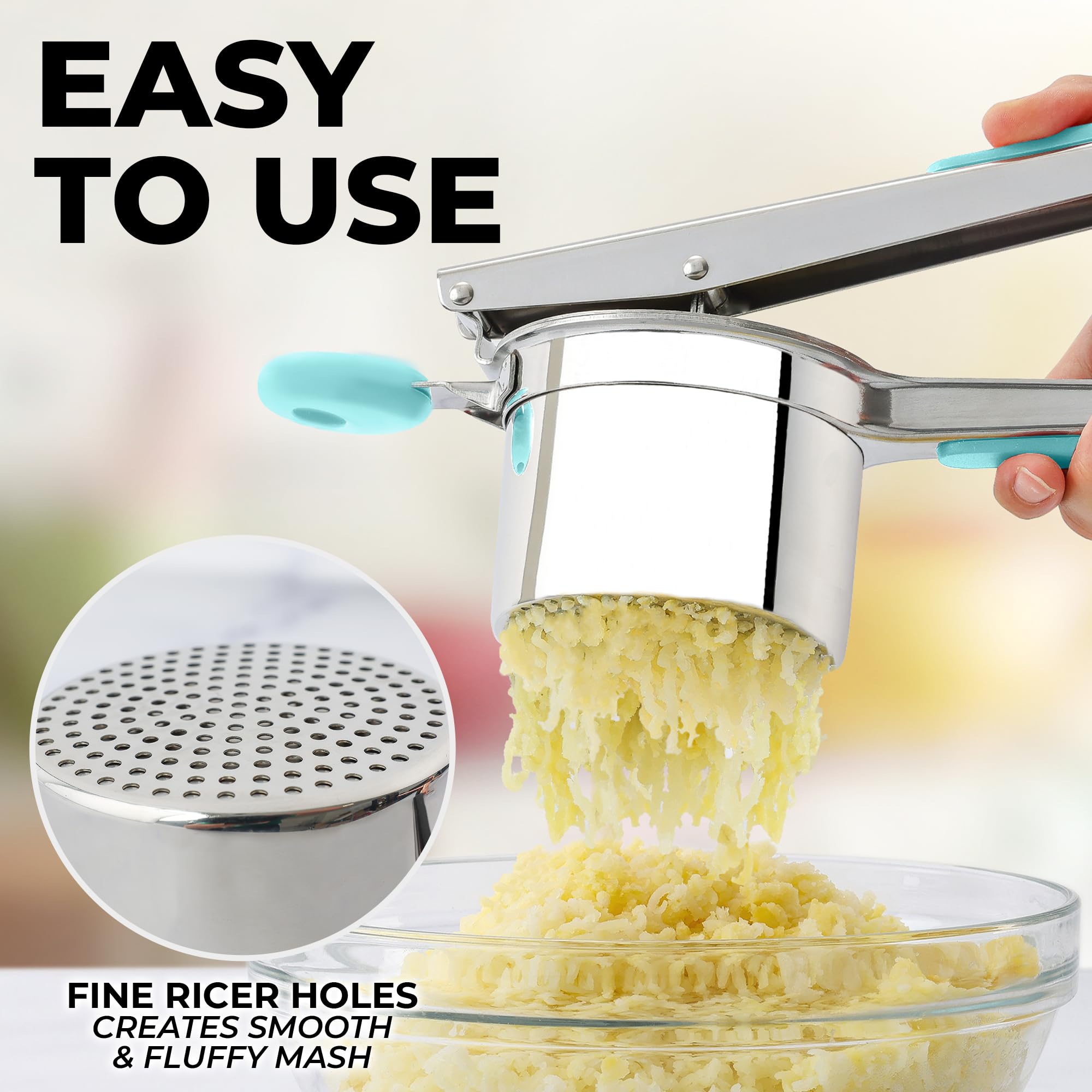 Zulay Kitchen heavy-duty stainless steel potato ricer in use for smooth mash