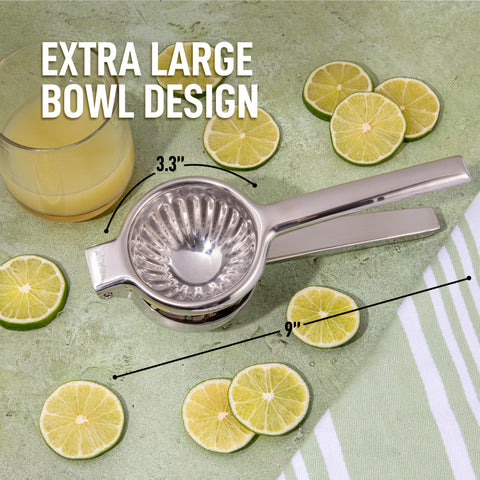 Zulay Kitchen lemon press closeup shows ergonomic handles with blue silicone sleeves for comfortable grip.