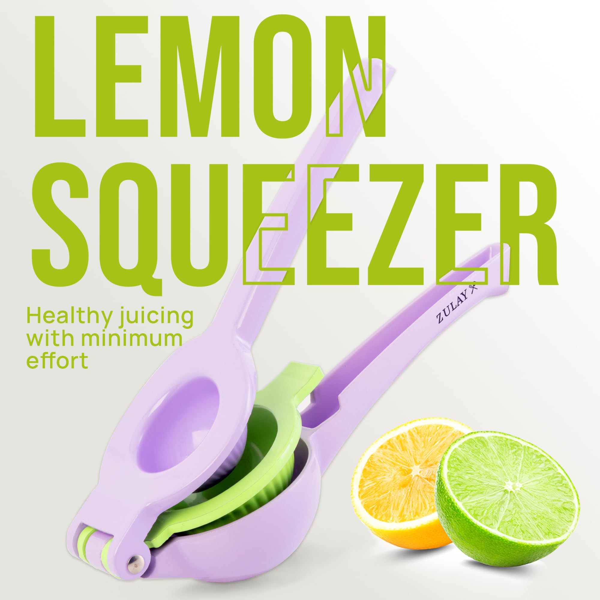 Zulay Kitchen 2-in-1 lemon squeezer purple-lime finish adds color to your setup.
