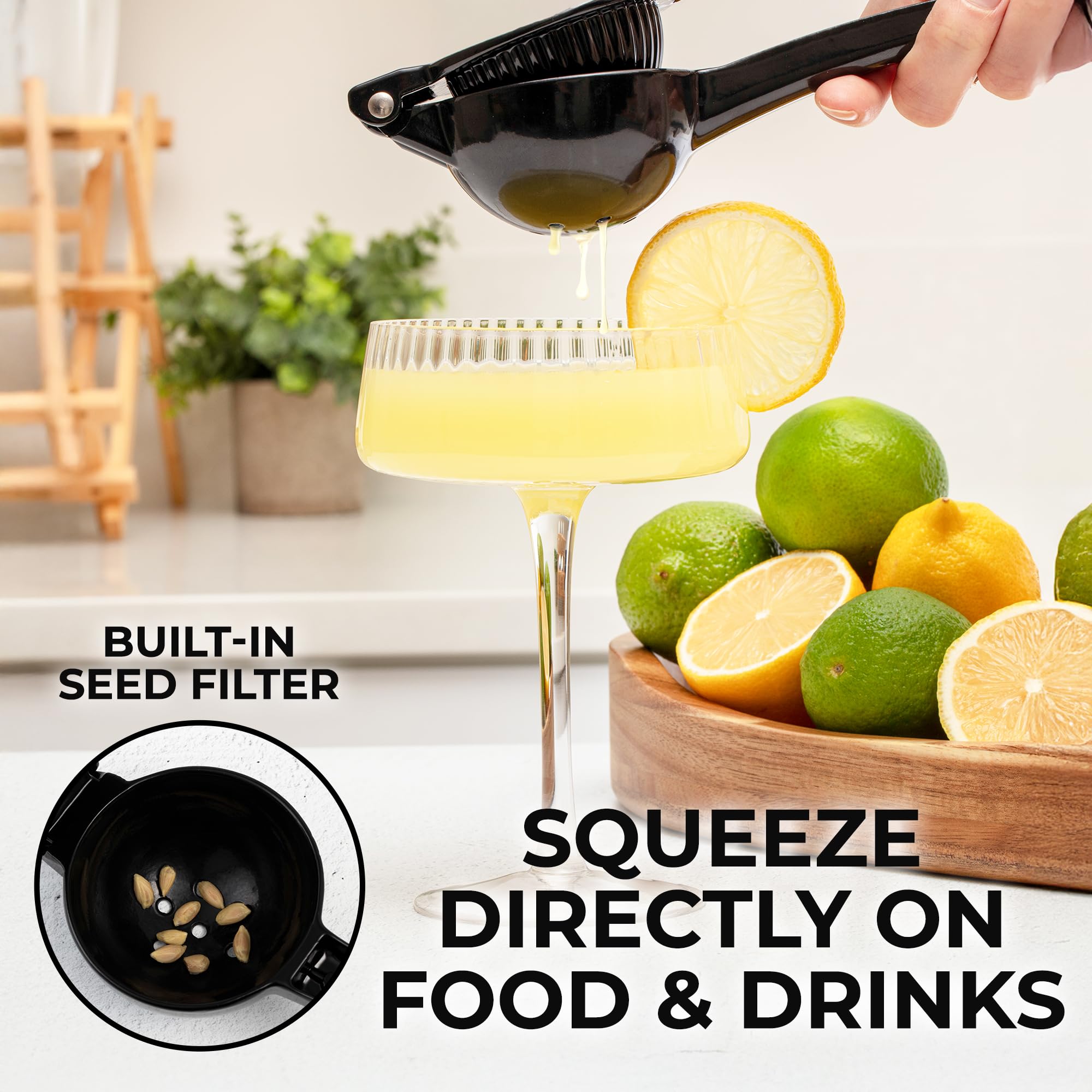 Zulay Kitchen lemon squeezer built-in strainer catches pulp.