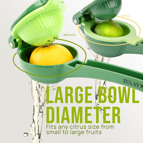 Zulay Kitchen lemon squeezer in hand demonstrates easy press for fresh citrus.