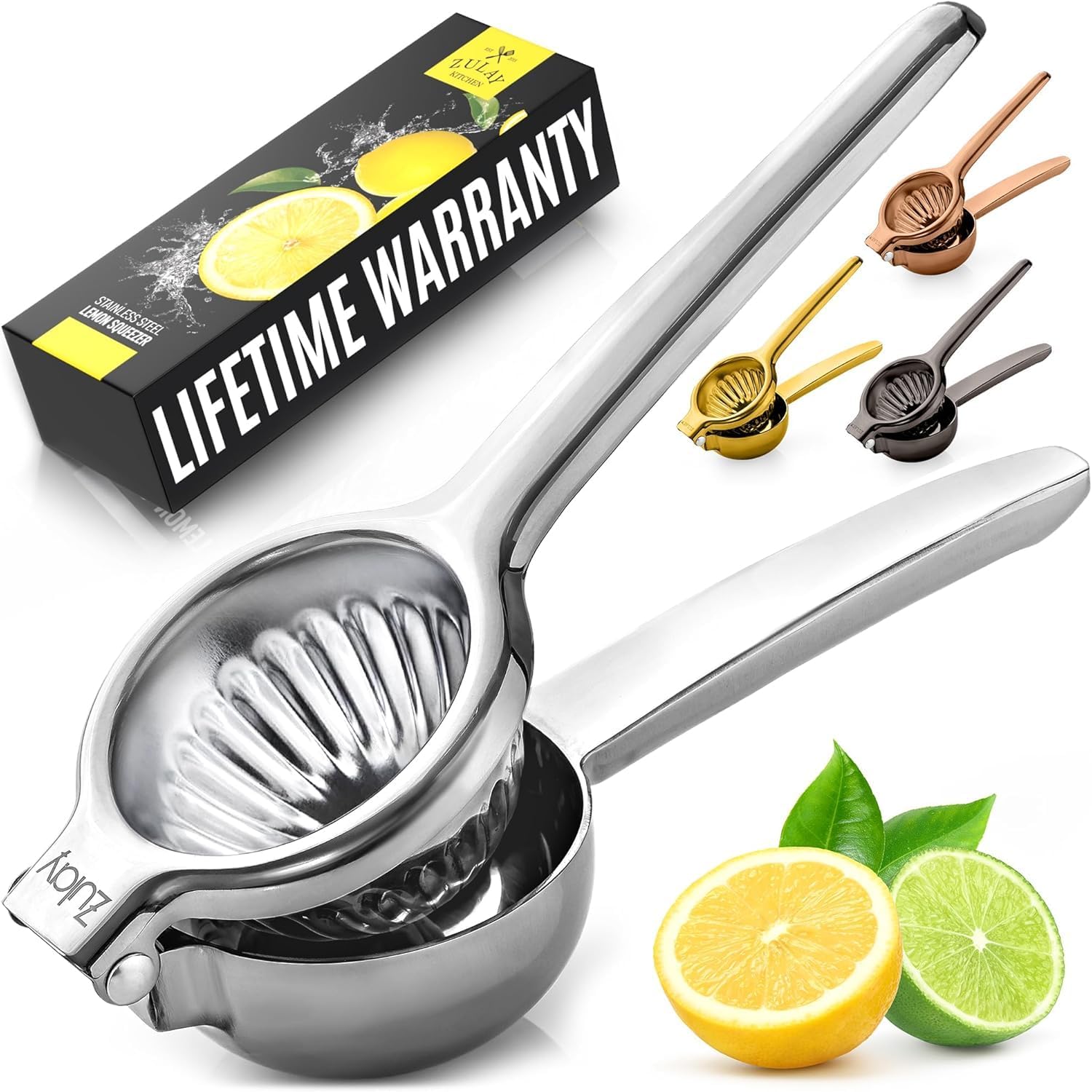 Zulay Kitchen Lemon Squeezer, metal bowl, seed-free juice extraction.