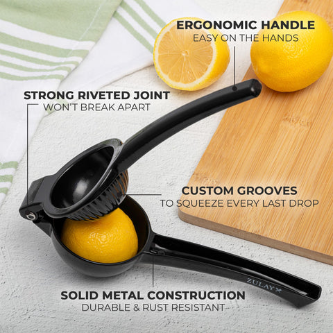 Zulay Kitchen lemon squeezer side view shows sturdy metal body.