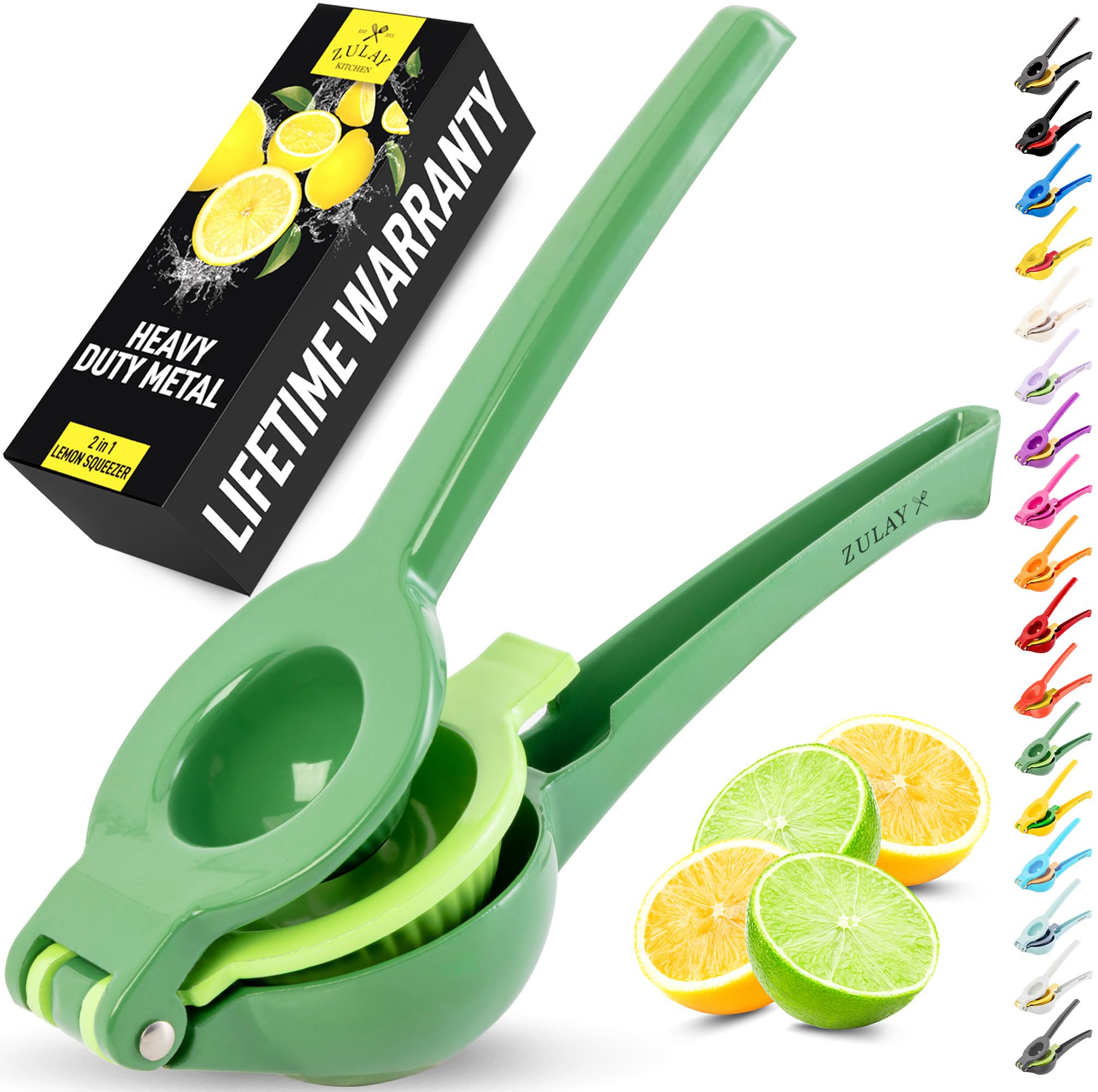 Zulay Kitchen metal 2-in-1 lemon squeezer top view shows clear juice extraction and seed filter.
