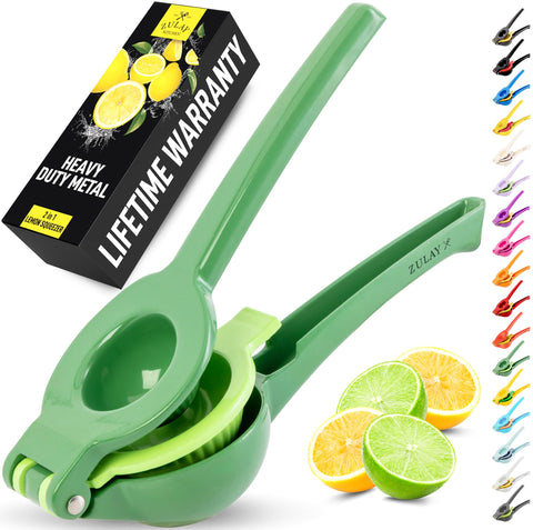 Zulay Kitchen metal 2-in-1 lemon squeezer top view shows clear juice extraction and seed filter.