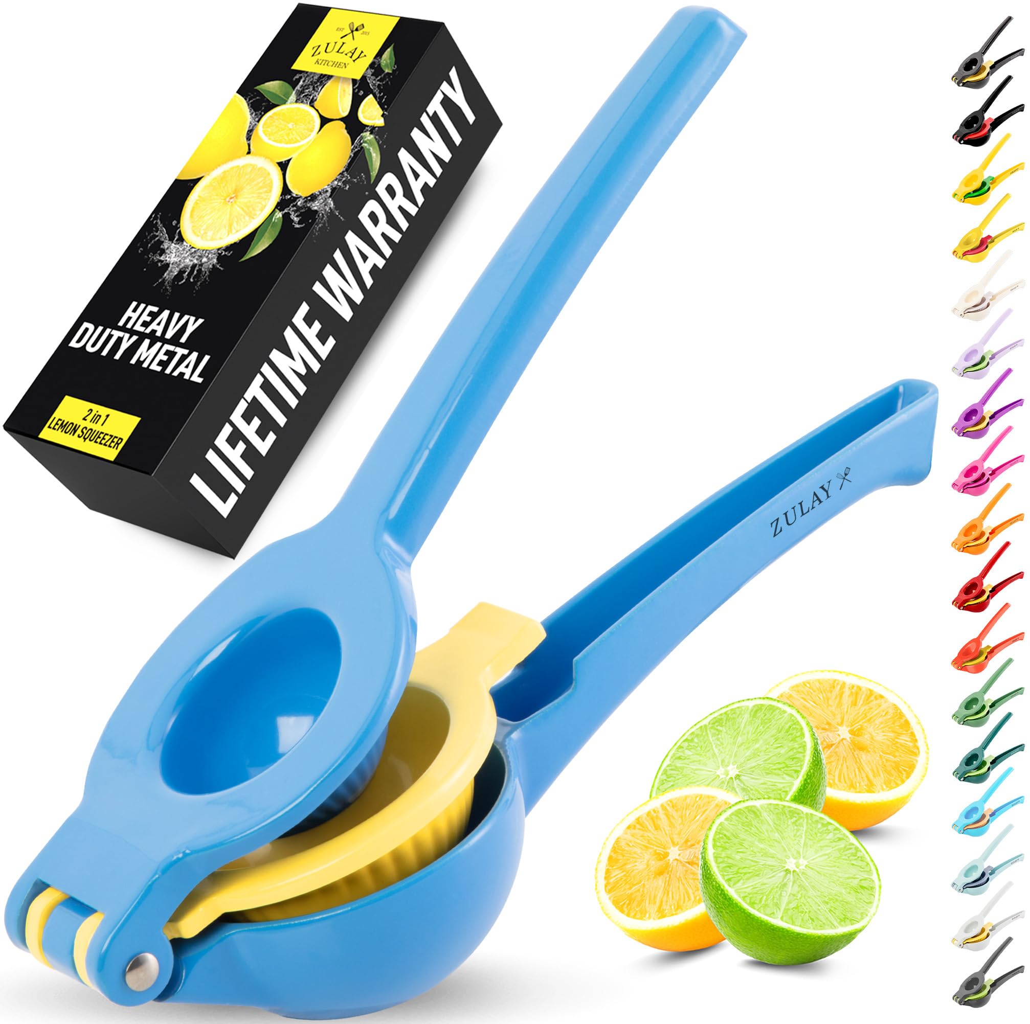 Zulay Kitchen metal 2-in-1 lemon squeezer for effortless juice extraction.