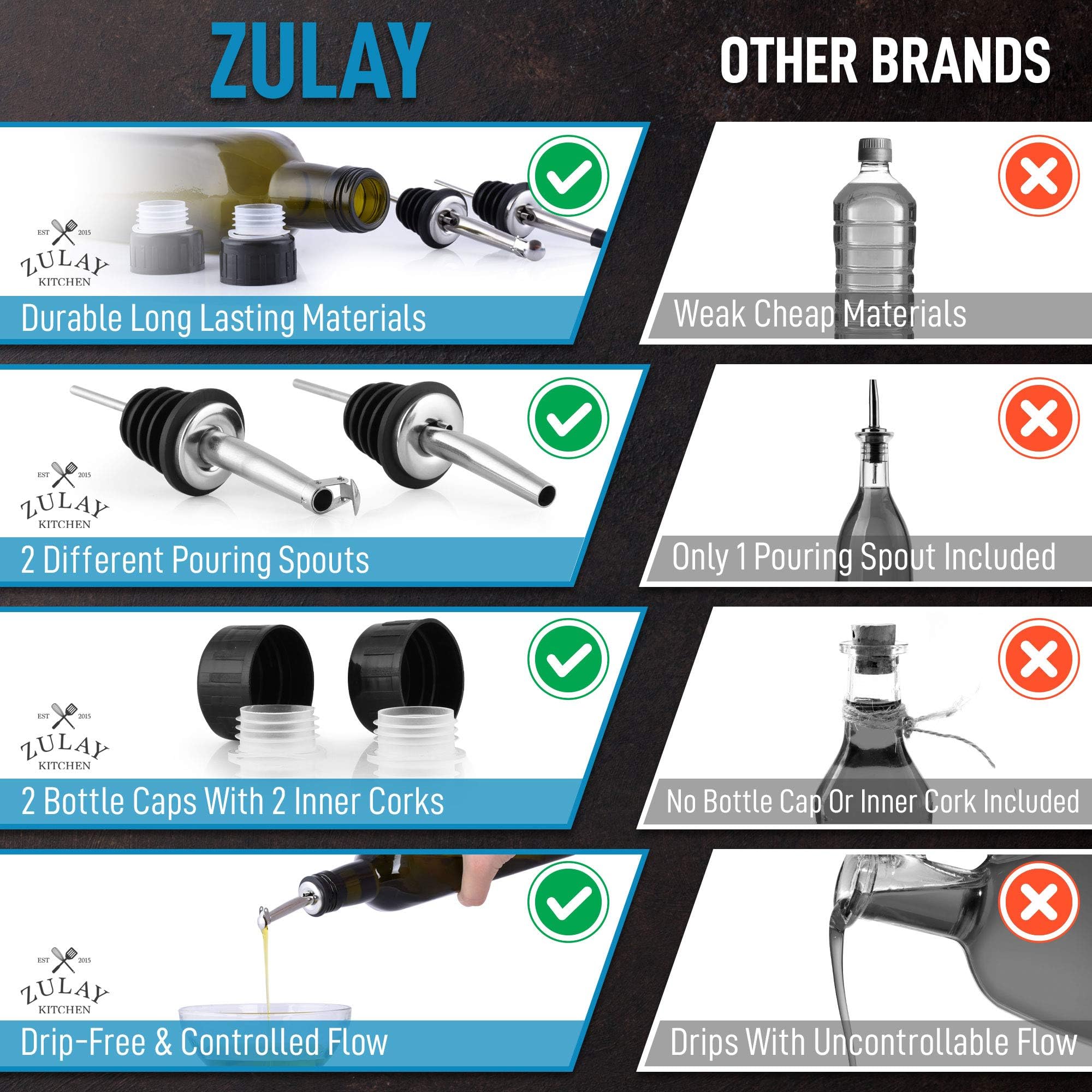 Zulay Kitchen dark brown glass protects olive oil from light.