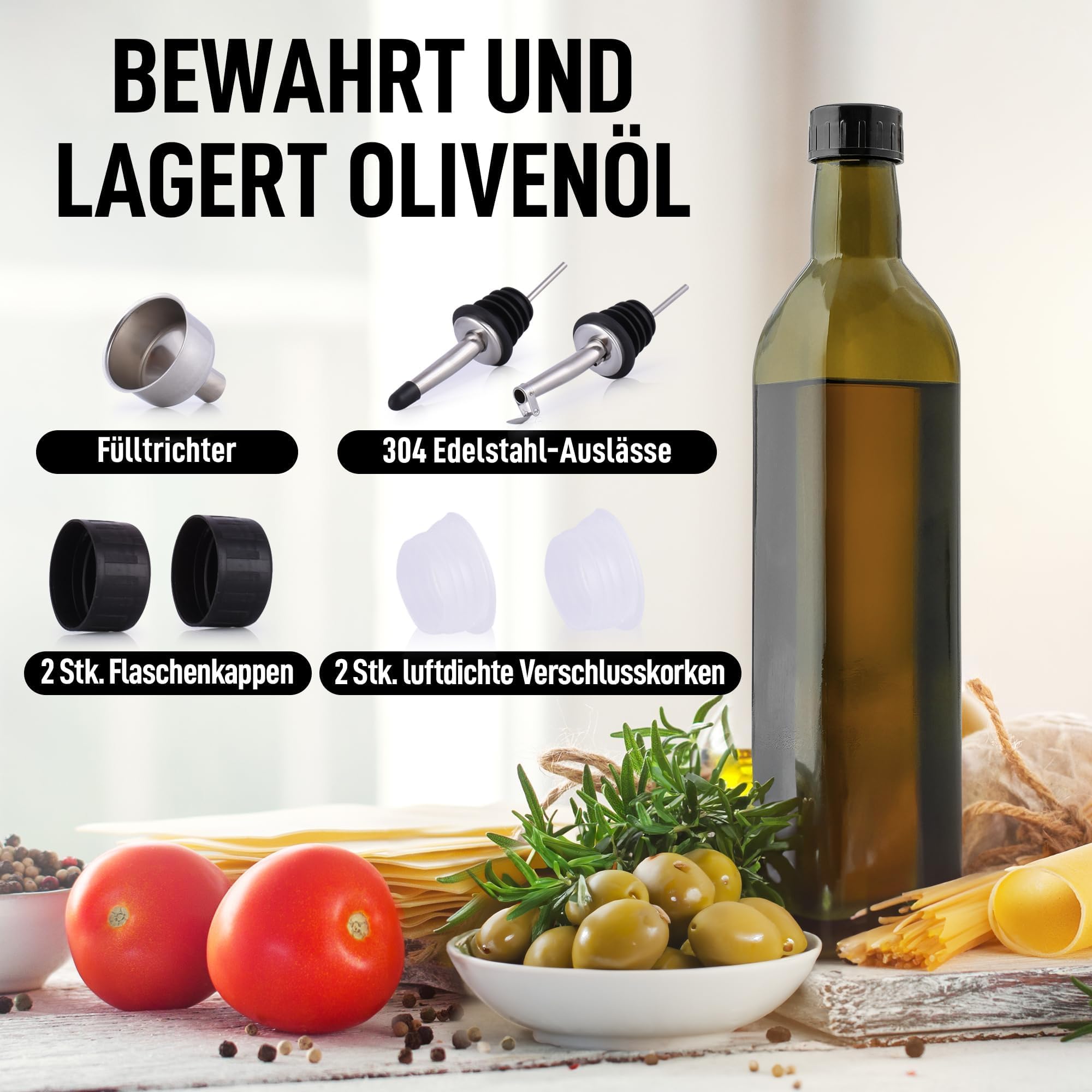 Zulay Kitchen olive oil dispenser bottle with dust cap for mess-free pouring.