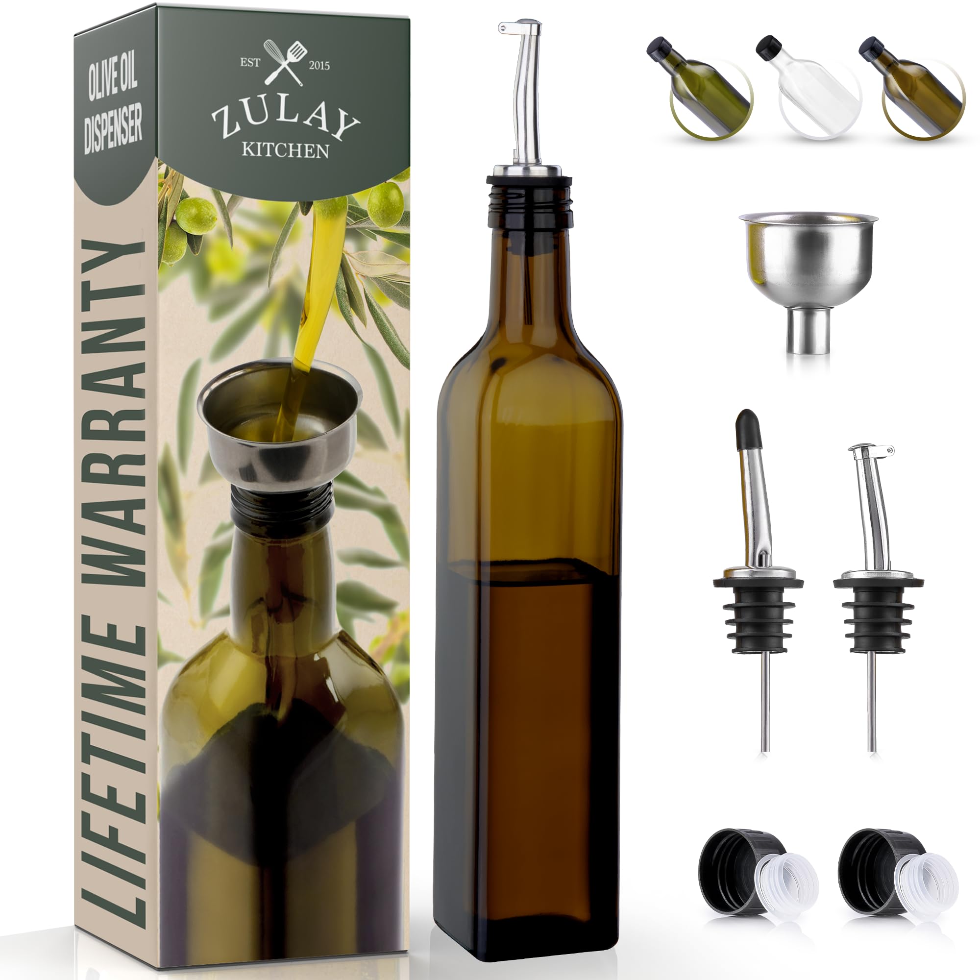 Zulay Kitchen olive oil dispenser bottle with spout for precise pouring.