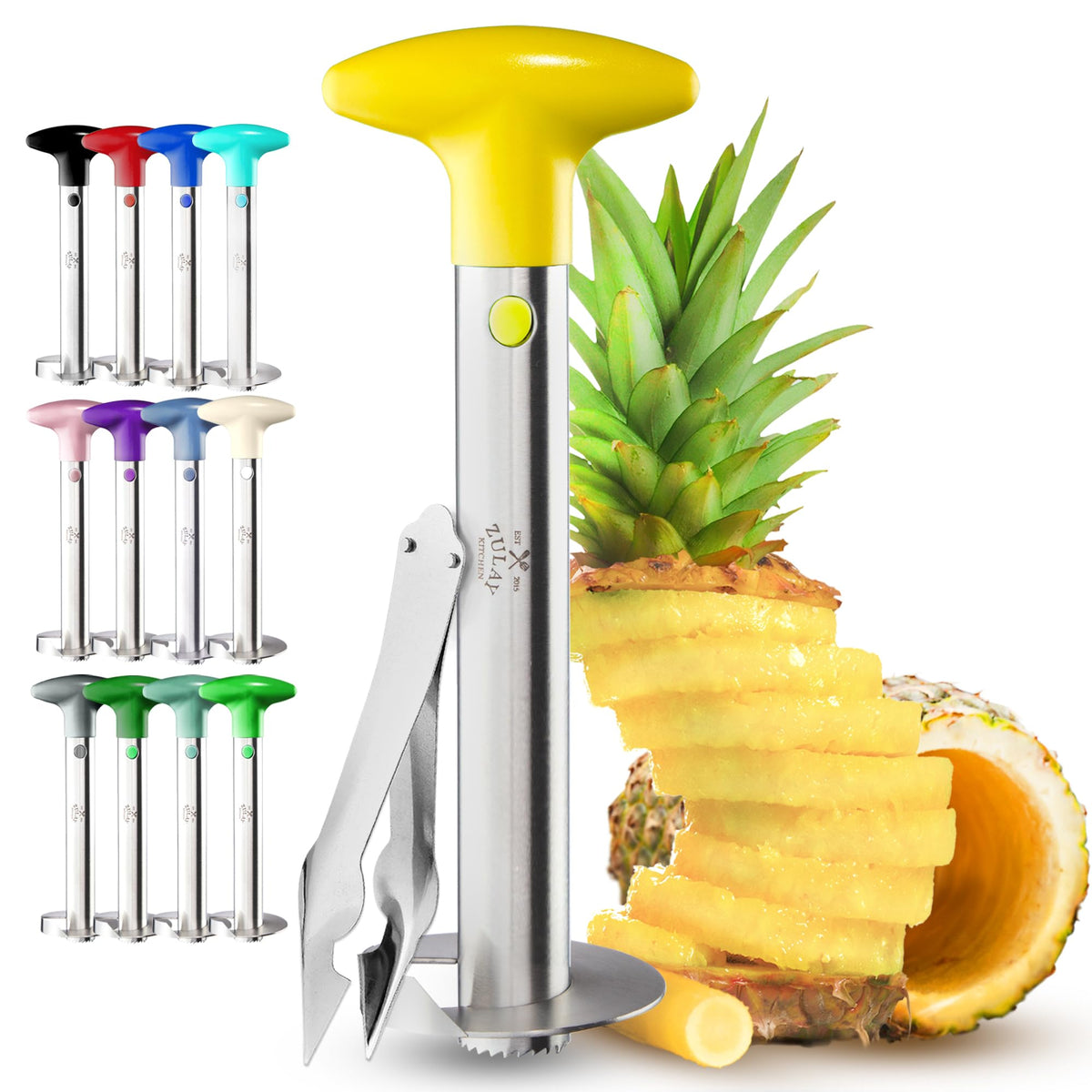 Zulay Kitchen pineapple corer in action with eye removal tool for clean cores.