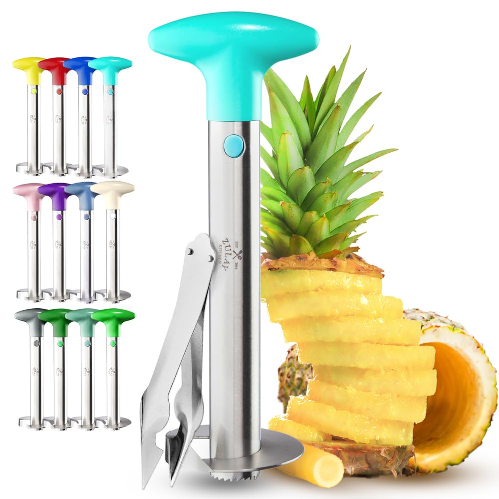 Zulay Kitchen pineapple corer and slicer in light blue creates easy, even pineapple rings.