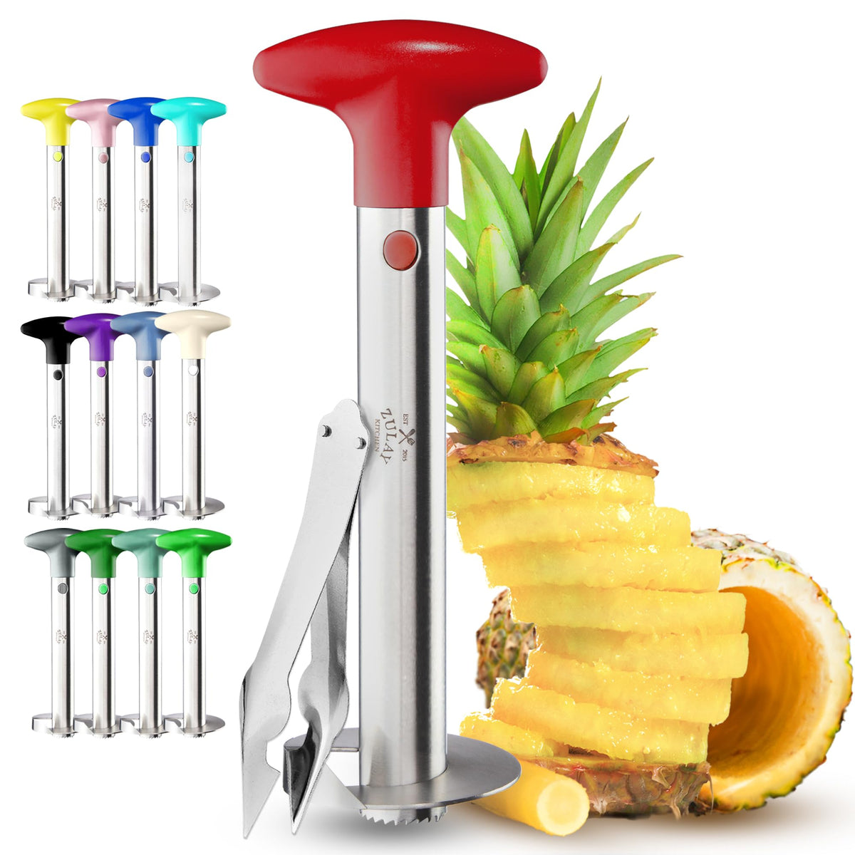 Zulay Kitchen pineapple corer and slicer in red showing efficient core removal