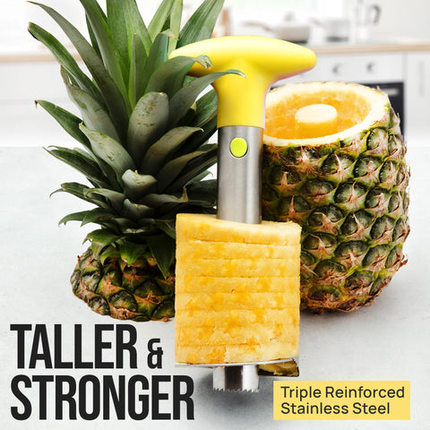 Yellow handle ergonomic grip on Zulay pineapple corer for comfortable slicing.