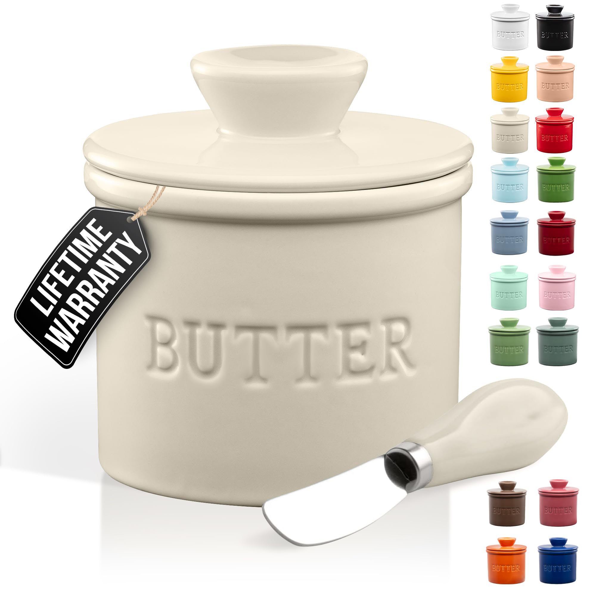 Zulay Kitchen porcelain butter crock with lid preserves freshness and keeps butter ready to spread.