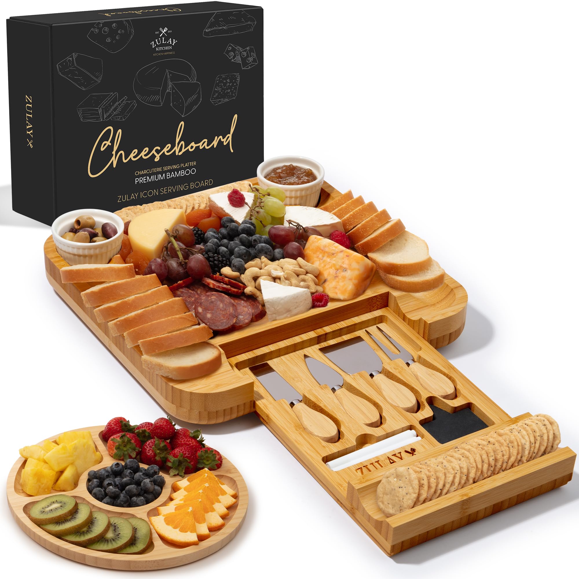 Zulay Kitchen premium bamboo charcuterie board top view, durable surface for elegant entertaining