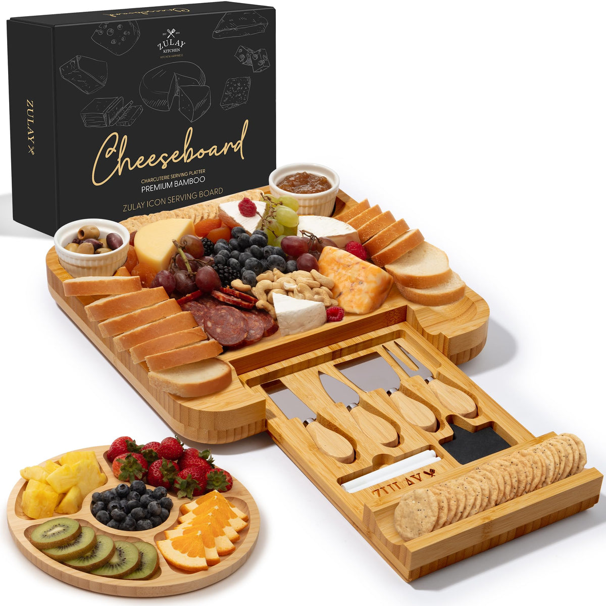 Zulay Kitchen premium bamboo charcuterie board top view, durable surface for elegant entertaining