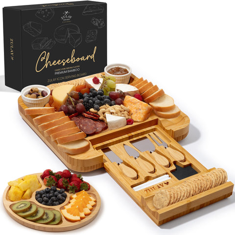 Zulay Kitchen premium bamboo charcuterie board top view, durable surface for elegant entertaining