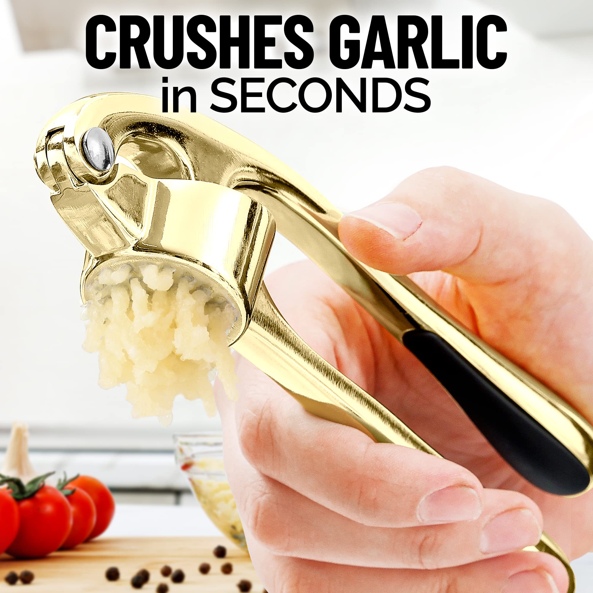 Zulay Kitchen premium garlic press in gold with cleaning brush for quick cleanup