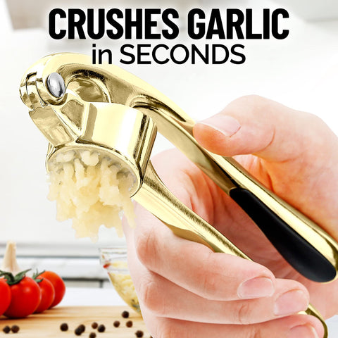 Zulay Kitchen premium garlic press in gold with cleaning brush for quick cleanup
