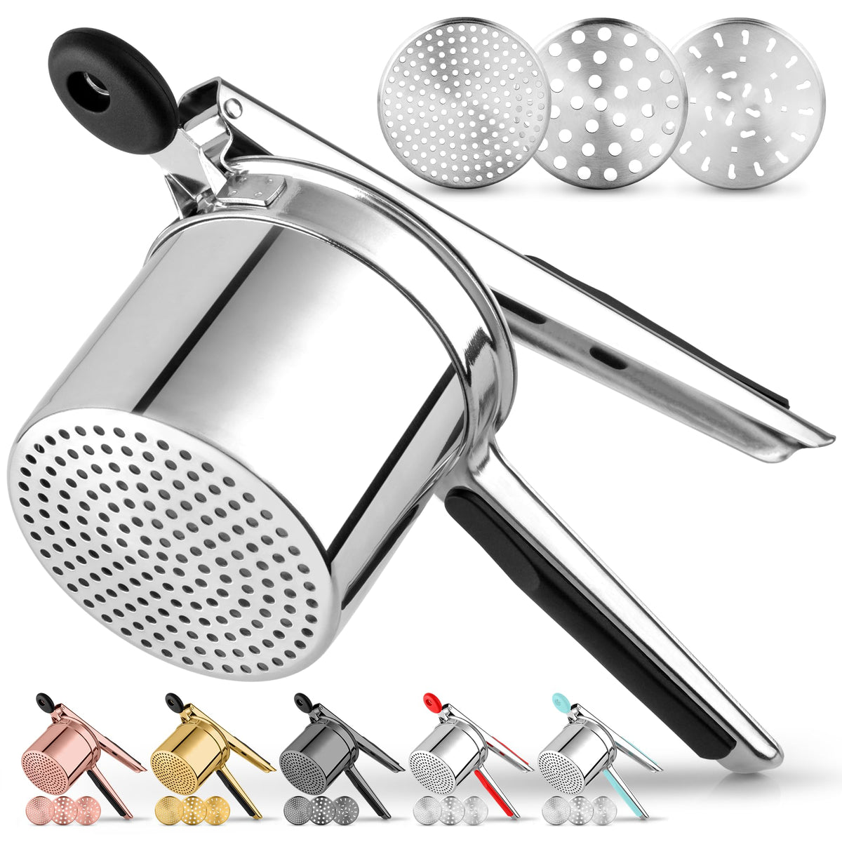 Zulay Kitchen potato ricer with 15 oz basket and three discs for fluffy mash