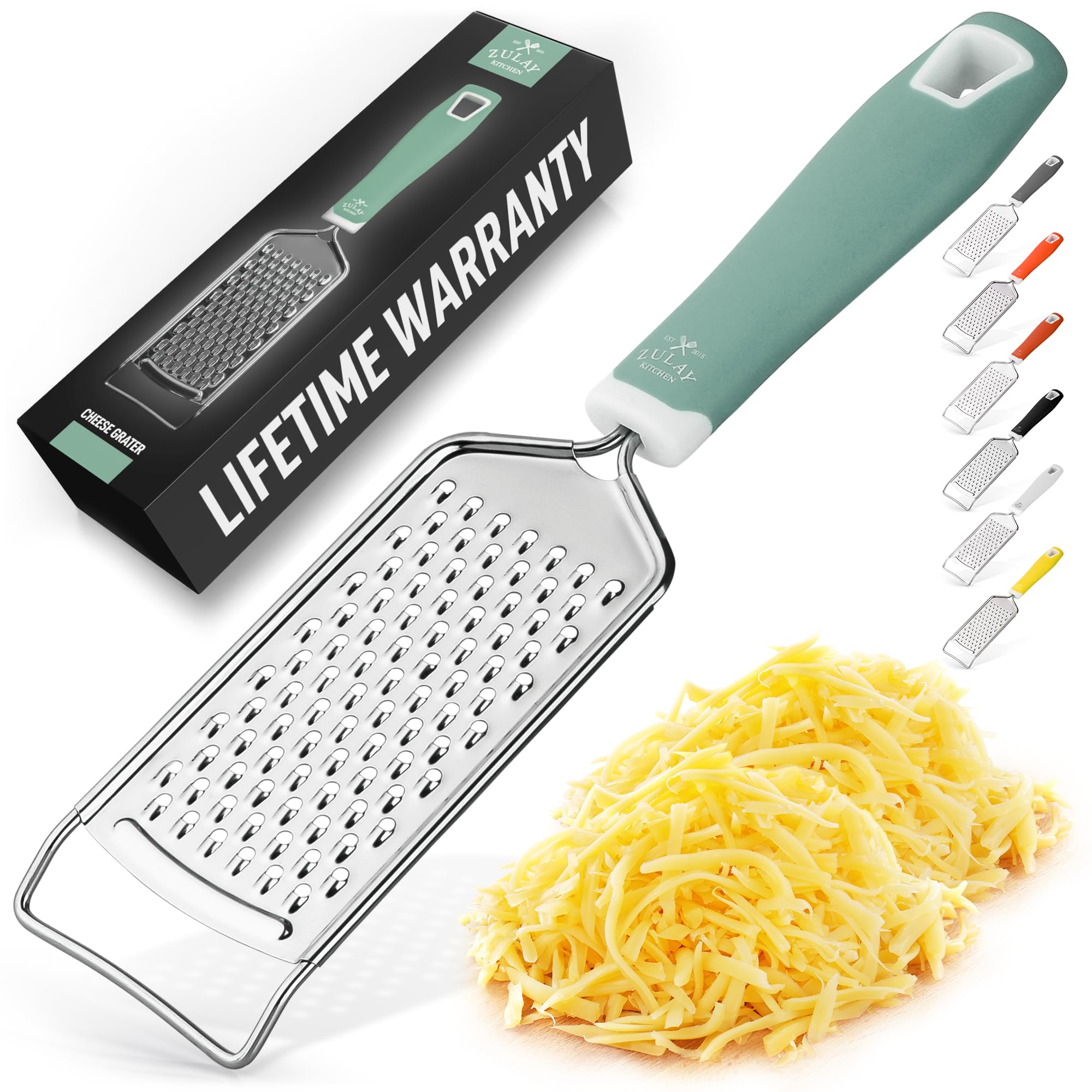 Zulay Kitchen Professional Cheese Grater—front view with mint finish for easy cheese grating.