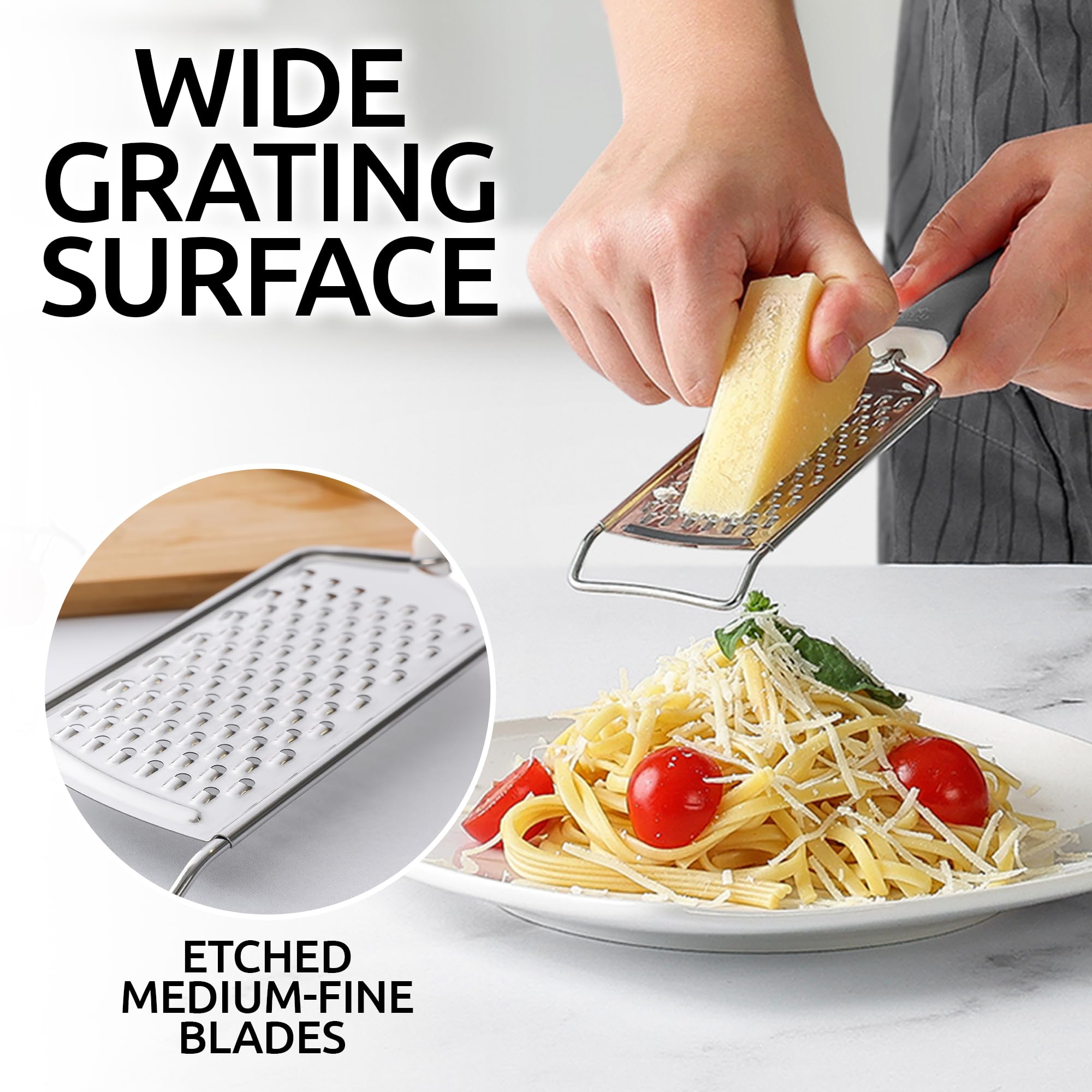 Zulay Kitchen ergonomic soft-grip handle ensures comfortable control during grating.