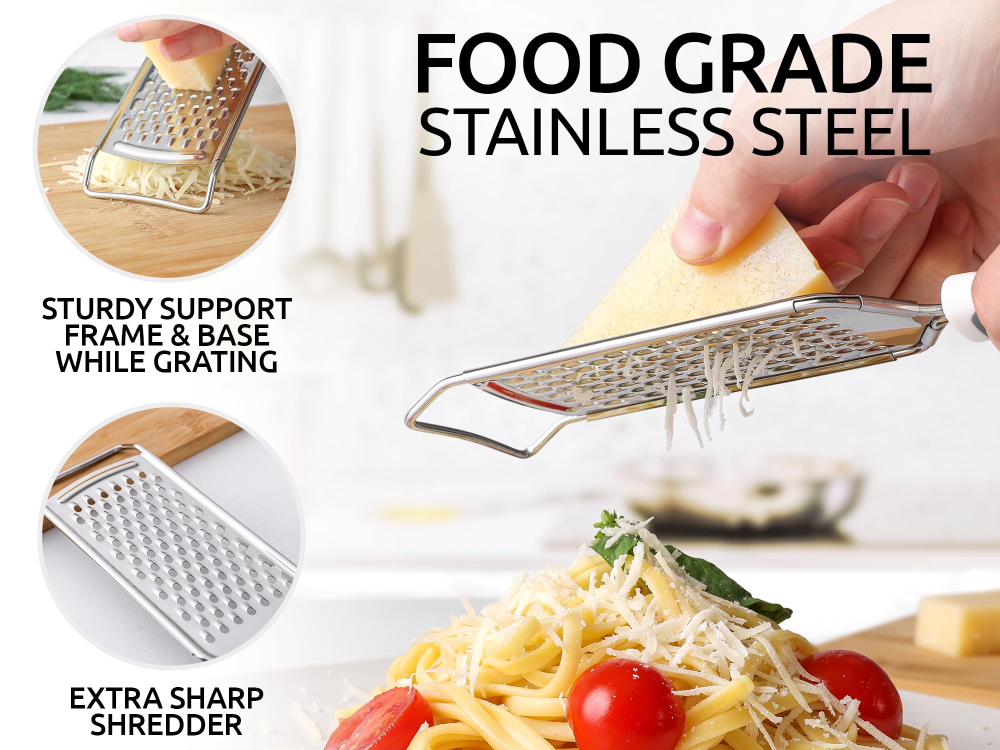 Zulay Kitchen grater blades closeup demonstrates razor-sharp shredding for fine results.