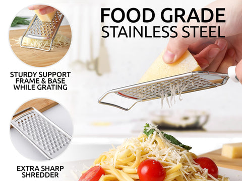 Zulay Kitchen grater blades closeup demonstrates razor-sharp shredding for fine results.