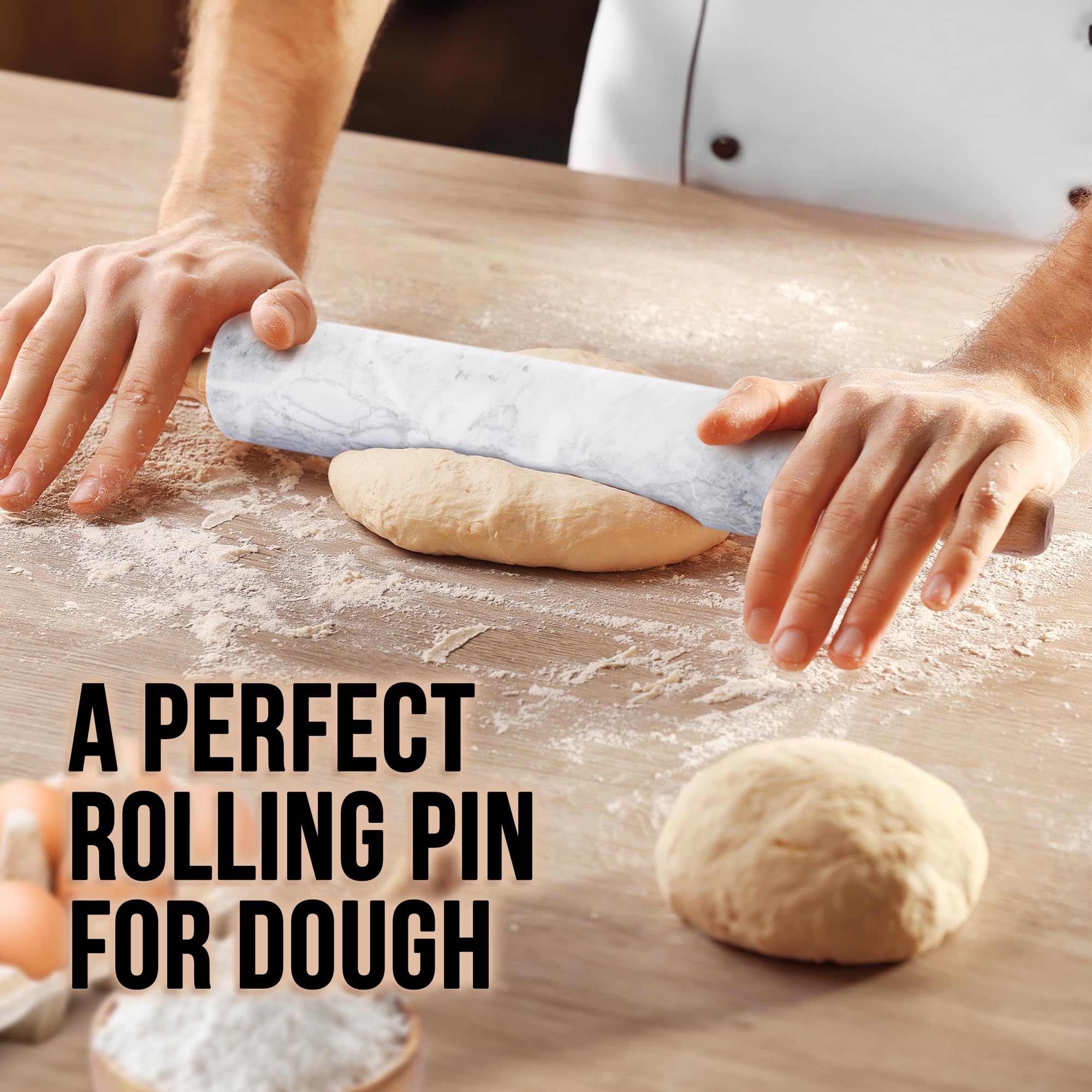 Zulay Kitchen rolling pin with long beechwood handle offers a comfortable grip during use.