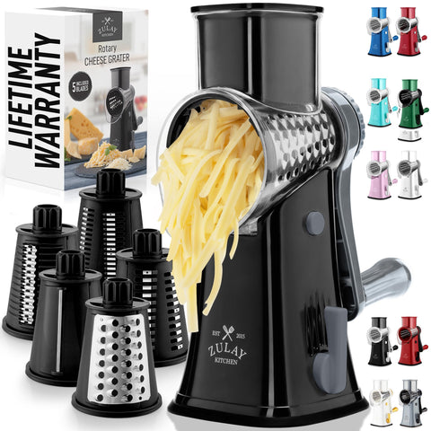 Zulay Kitchen rotary cheese grater base and hopper for easy, mess-free shredding.