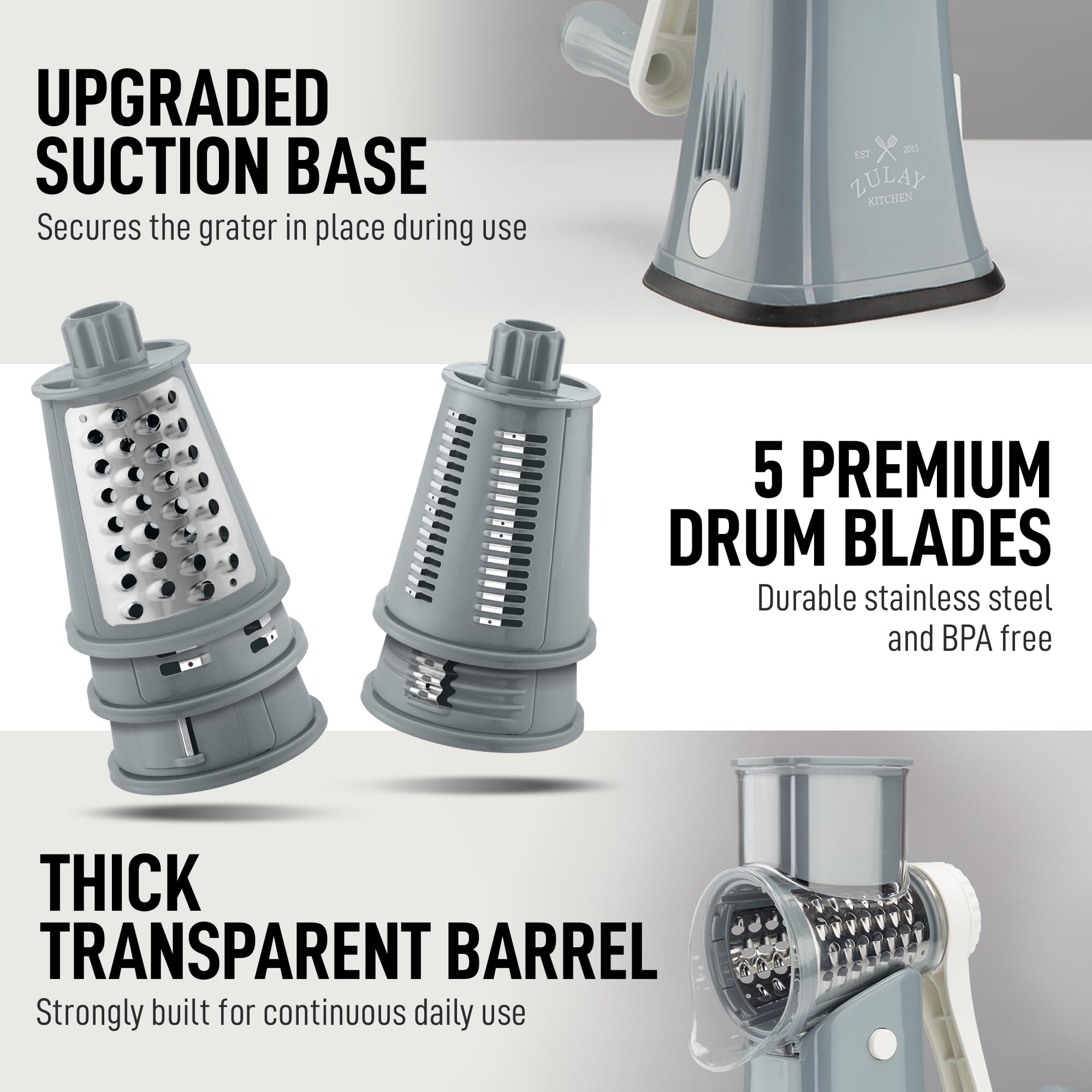 Five blades cover slicing, shredding, and grating tasks.
