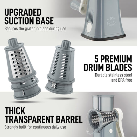 Five blades cover slicing, shredding, and grating tasks.