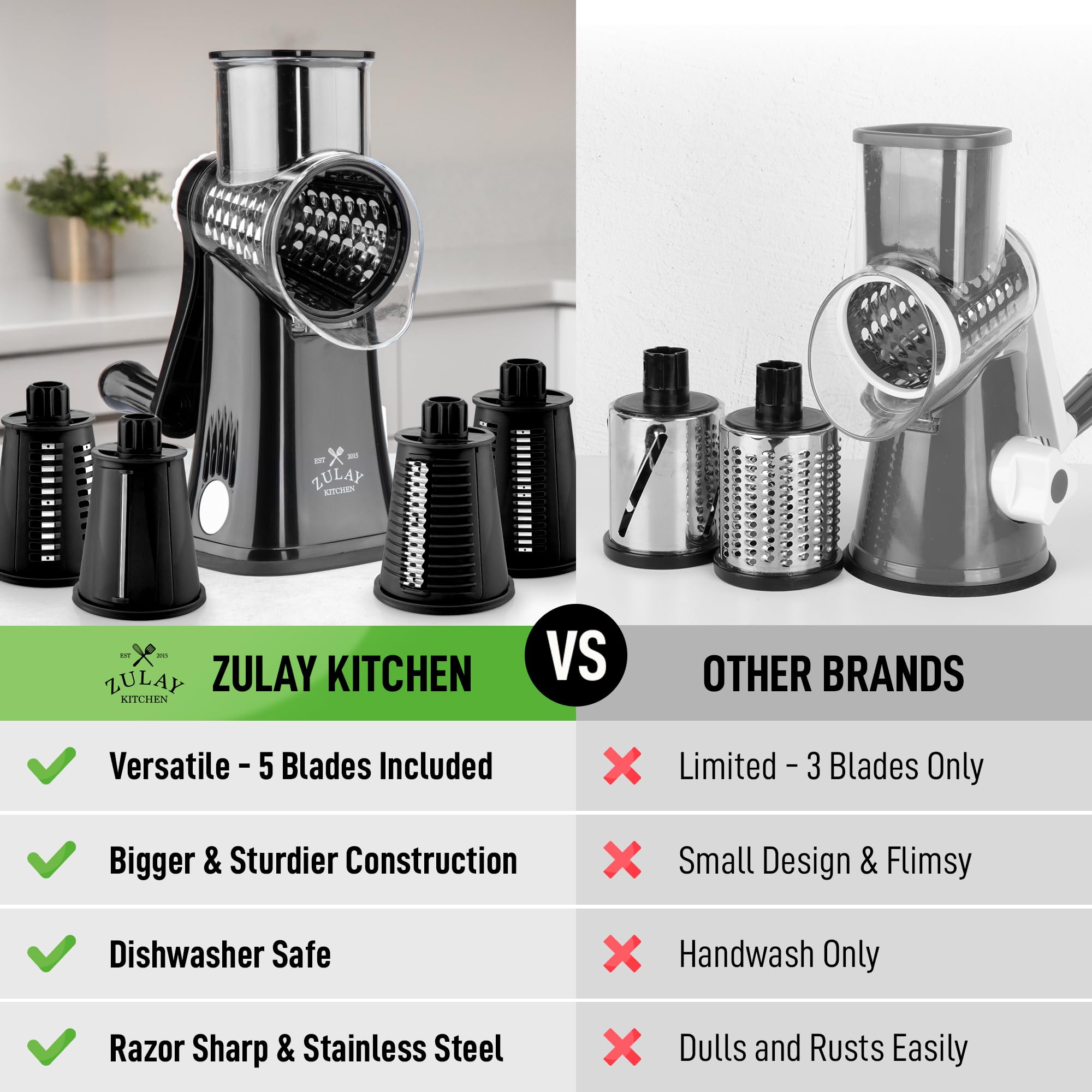 Zulay Kitchen rotary cheese grater handle rotation makes shredding cheese quick and effortless.