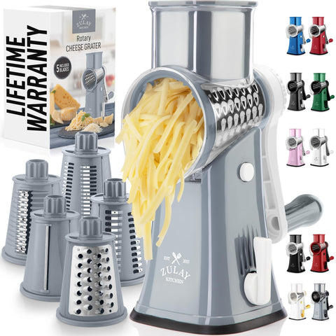 Zulay Kitchen rotary cheese grater with handle for easy shredding.
