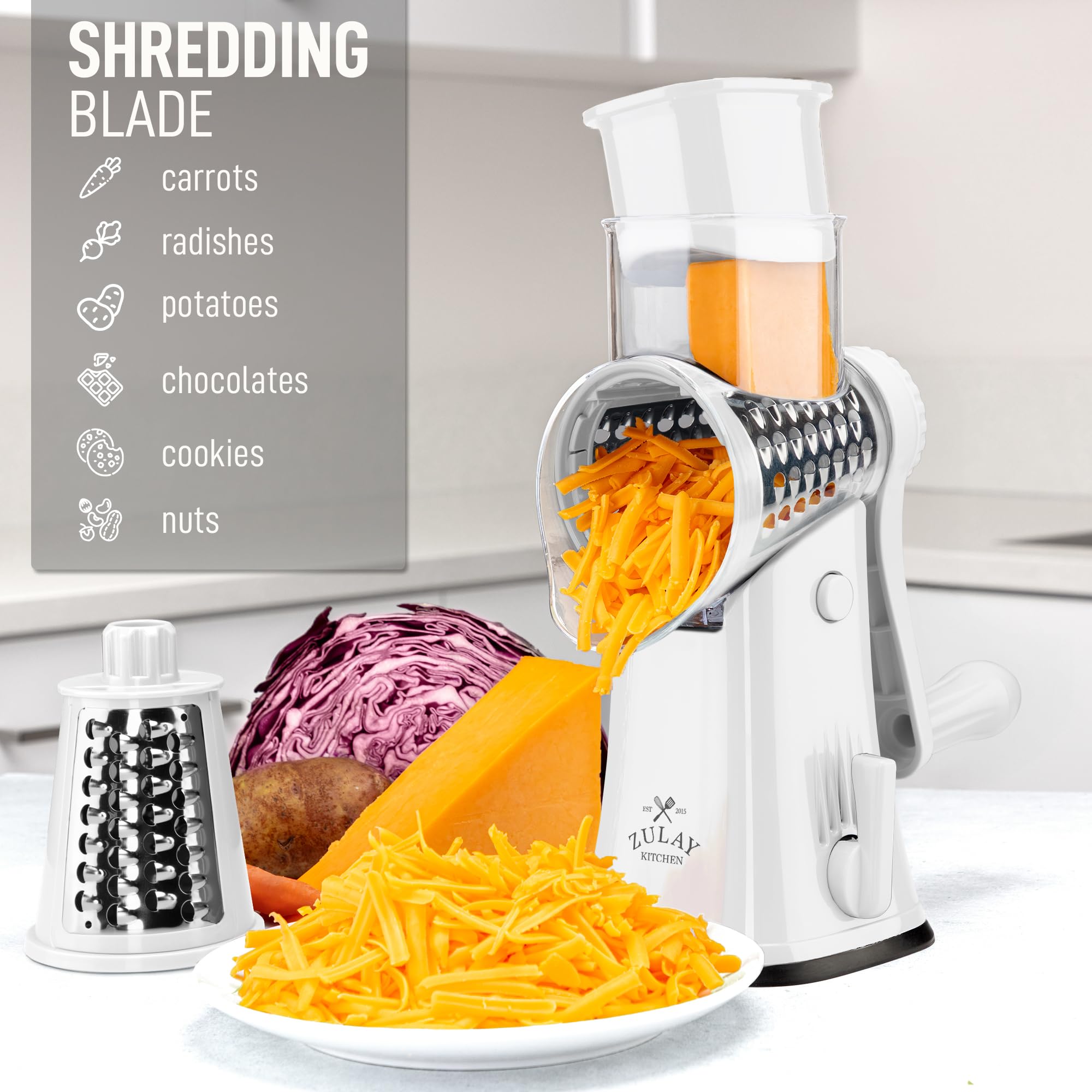 Hopper loading on Zulay Kitchen grater with food pusher for safe feeding