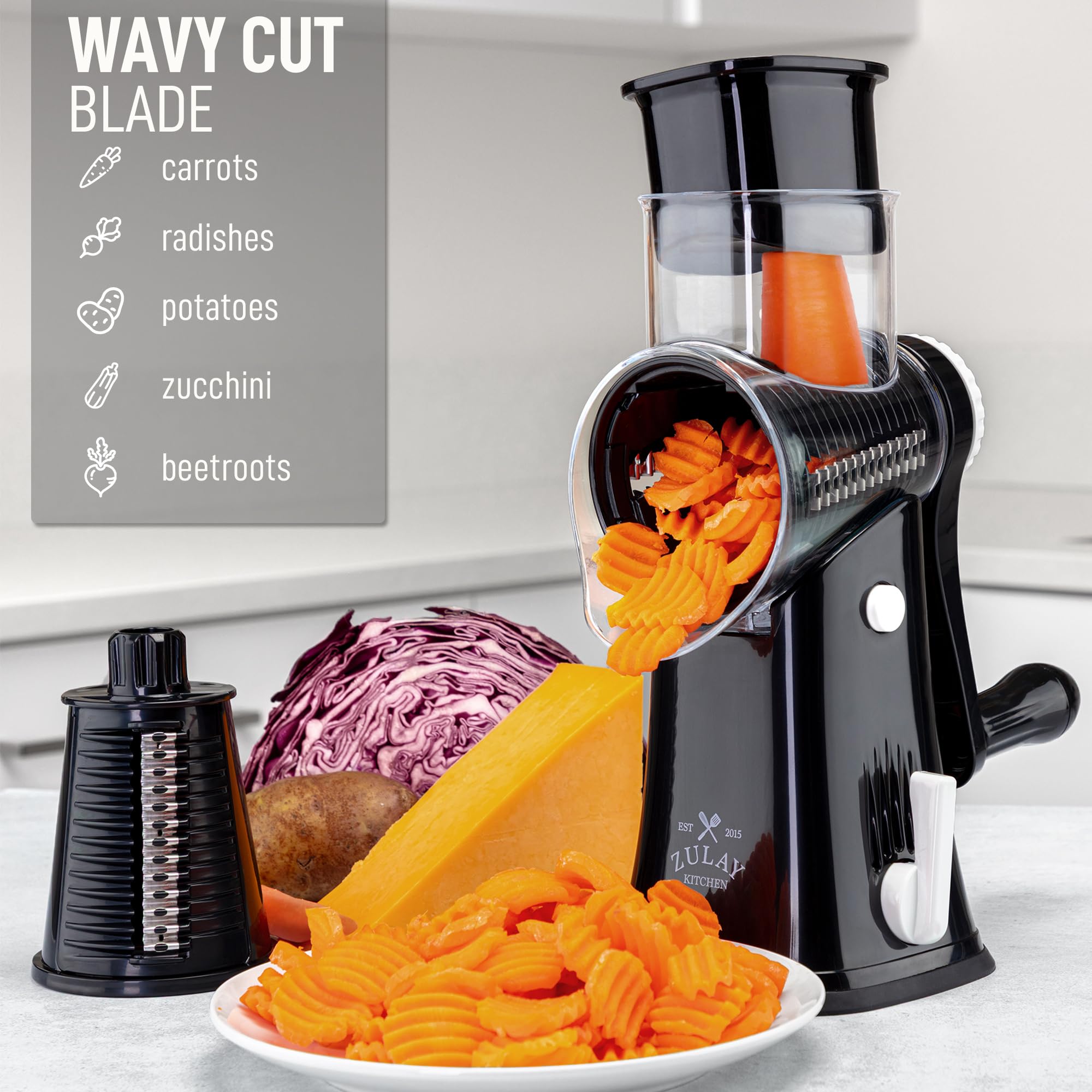 Zulay Kitchen hopper and food pusher guide ingredients safely into the blades.