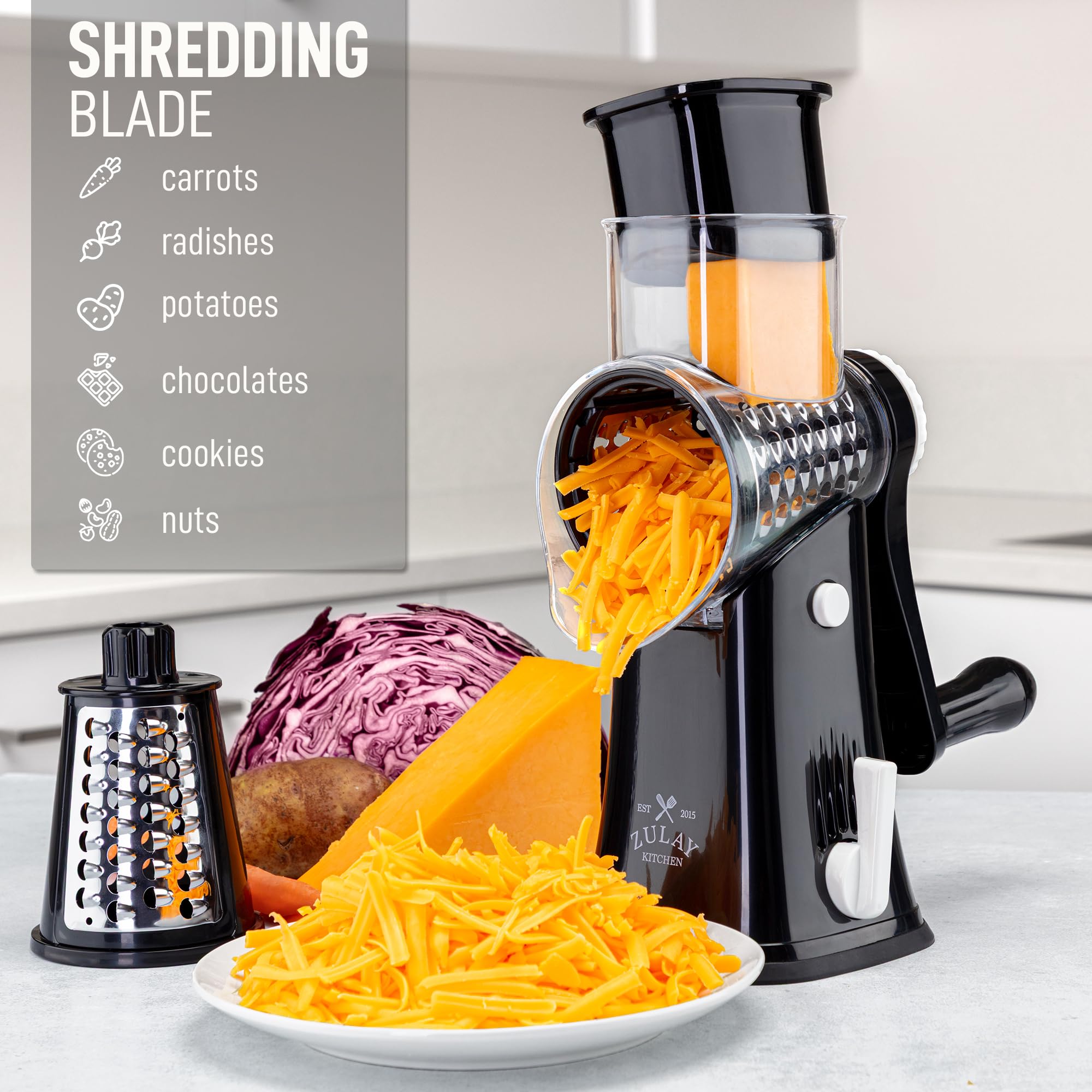 Zulay Kitchen interchangeable blades offer shredding, slicing, and julienne for versatile prep.