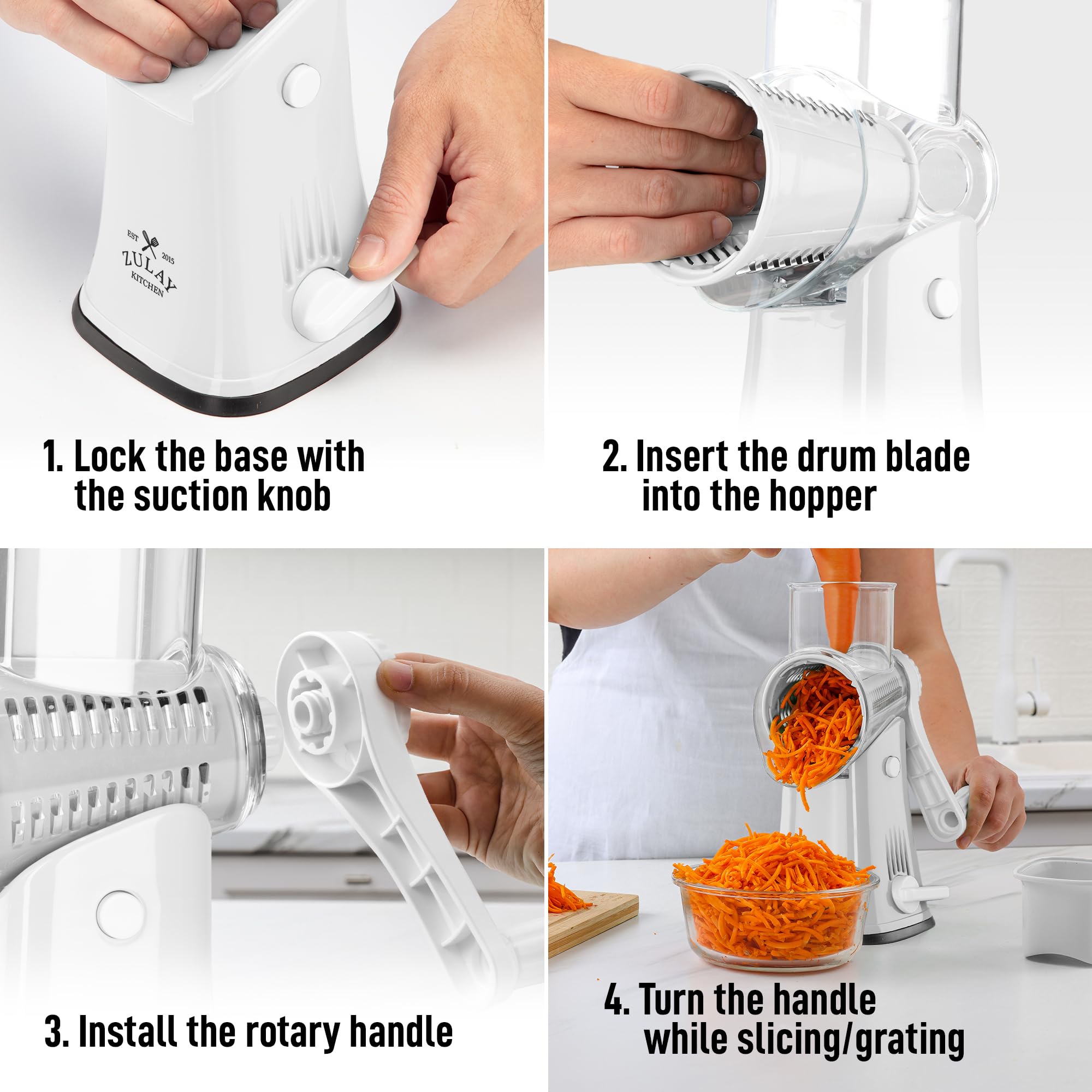 Manual crank operation of Zulay Kitchen rotary cheese grater