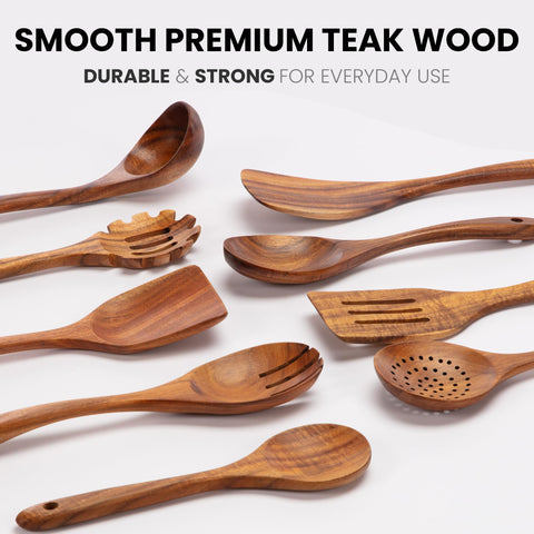 Zulay Kitchen salad spoon teak highlighting smooth finish and non-scratch cooking.