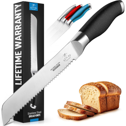 Zulay Kitchen serrated bread knife with 8-inch blade slicing crusty bread smoothly.
