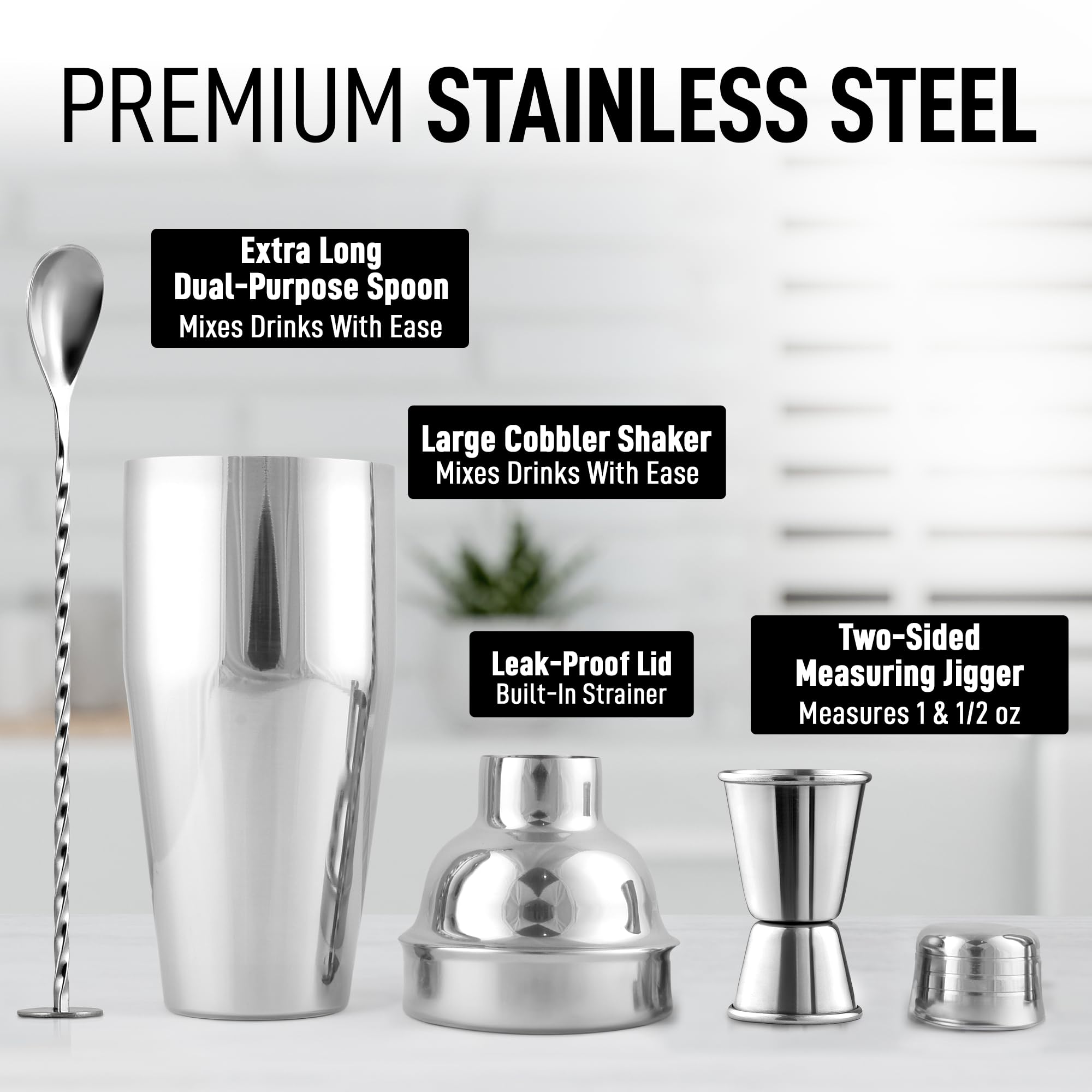 Zulay Kitchen shaker features built in strainer for easy, spill free pours.