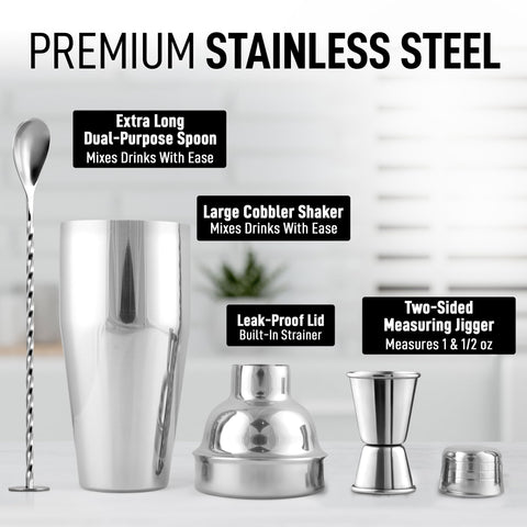 Zulay Kitchen shaker features built in strainer for easy, spill free pours.